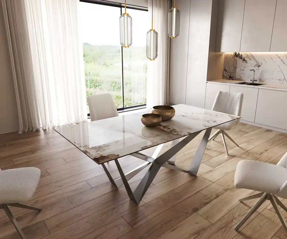 Esstisch Edge 200x100 Keramik Minas Melange Weiß-Beige Spider Flachstahl Edelstahl Must-Have