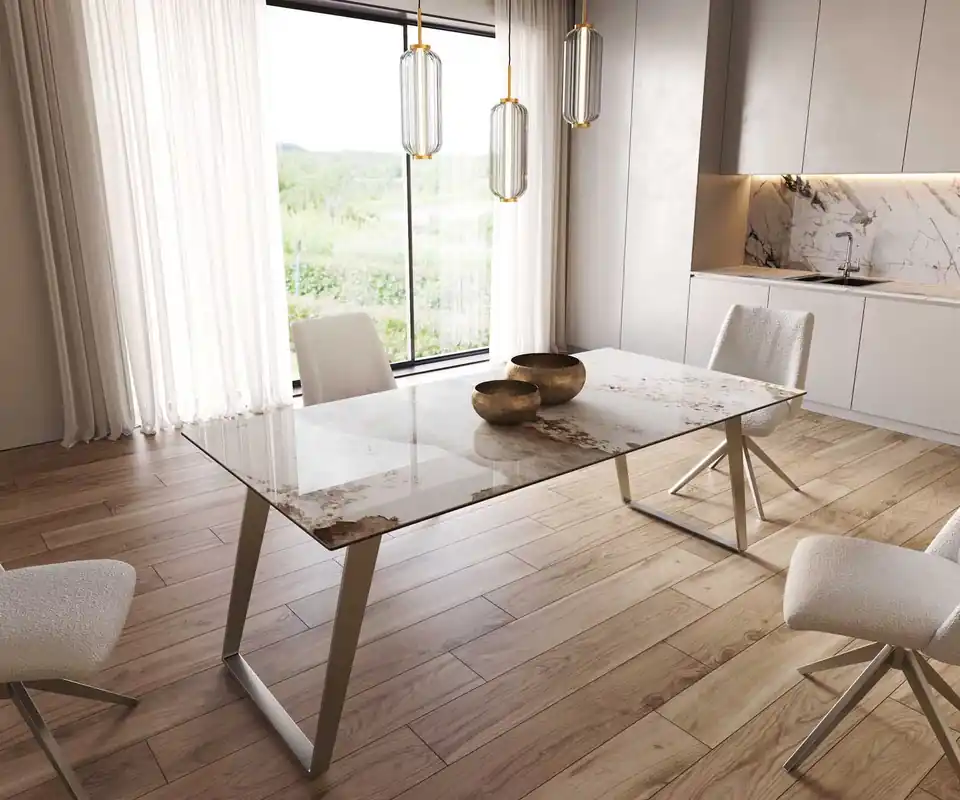 Esstisch Edge 200x100 Keramik Minas Melange Weiß-Beige Edelstahl Schräg Super-Preis
