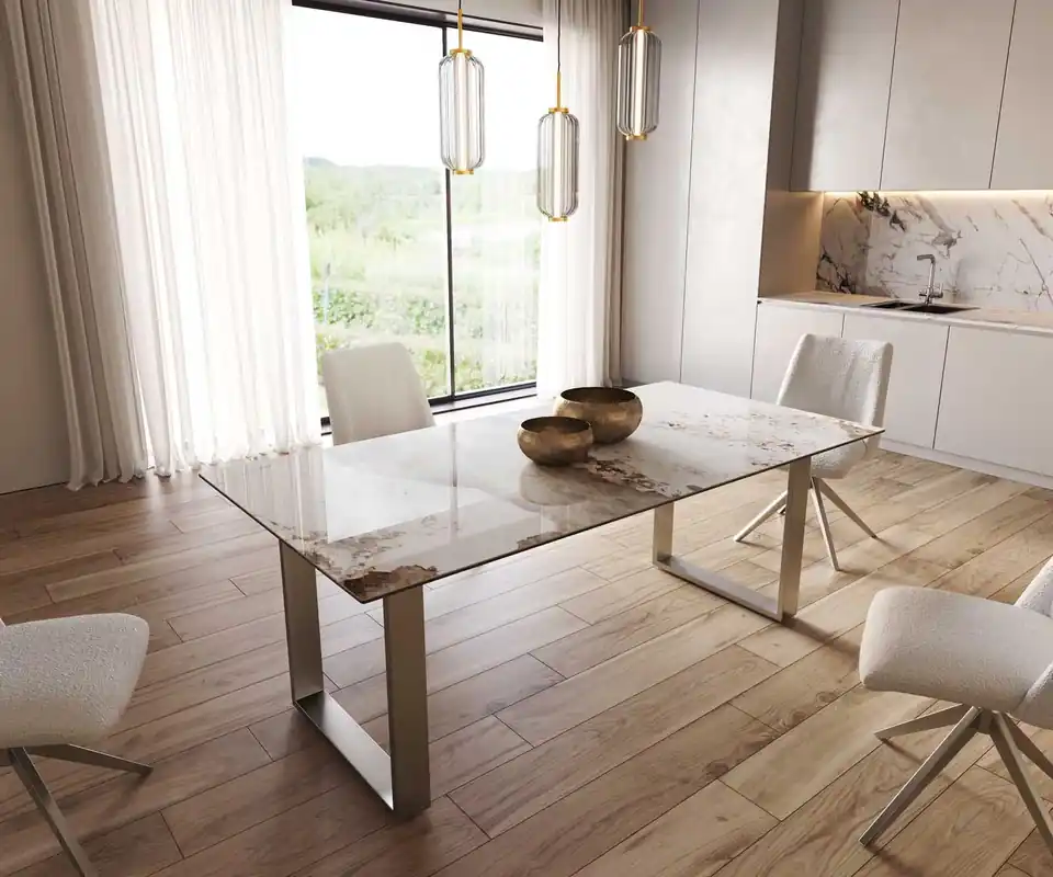 Sichere Zahlung Esstisch Edge 200x100 Keramik Minas Melange Weiß-Beige Edelstahl Schmal