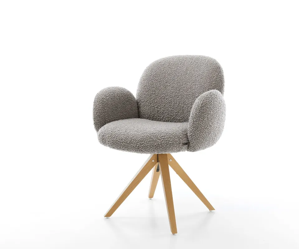 Neu Drehstuhl Nube-Flex mit Armlehnen Bouclé Silbergrau Holzgestell kantig Natur 180° drehbar Taschenfederkern