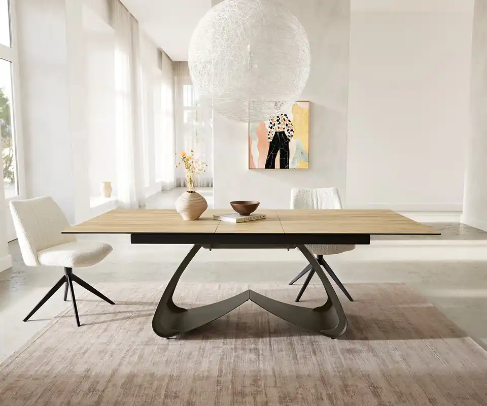 Neu Im Sortiment Esstisch Edge 180-220x100 Keramik Laminam® Sabbia Eichefarbig W-Gestell Effektfinish Titan Ausziehbar