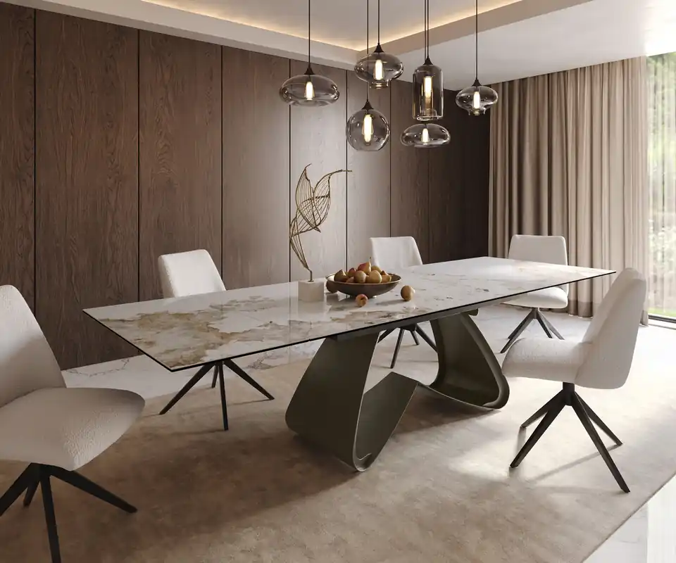 Garantierte Lieferung Esstisch Edge 200-300x100 Keramik Minas Melange Weiß-Beige W-Gestell Effektfinish Titan Ausziehbar