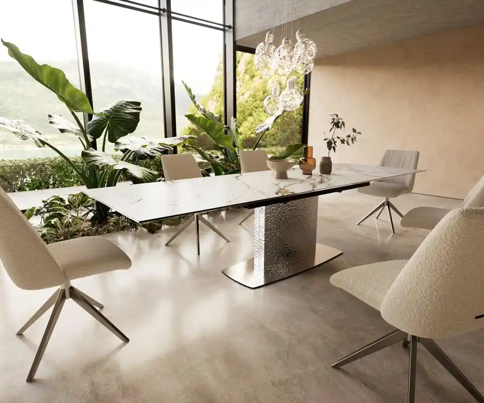 Esstisch Edge 200-300x100 Keramik Calacatta Luxe Weiß-Gold-Grau Wave Edelstahl ausziehbar Sale