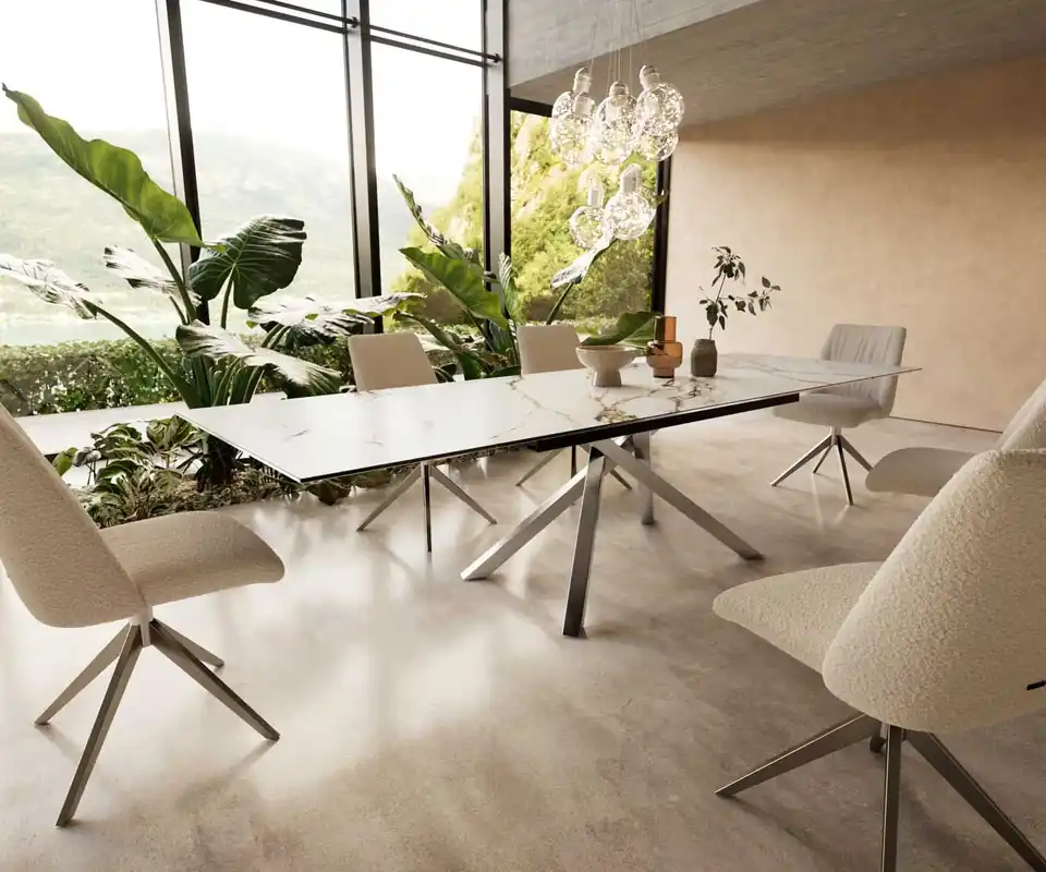 Beliebt Esstisch Edge 200-300x100 Keramik Calacatta Luxe Weiß-Gold-Grau Kreuzgestell Rechteck Edelstahl ausziehbar