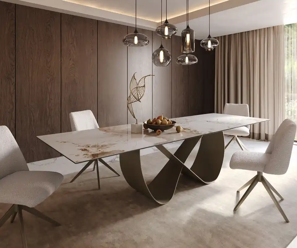 Super-Preis Esstisch Edge 300x100cm Keramik Minas Melange Weiß-Beige Infinity Metall Effektfinish Titan
