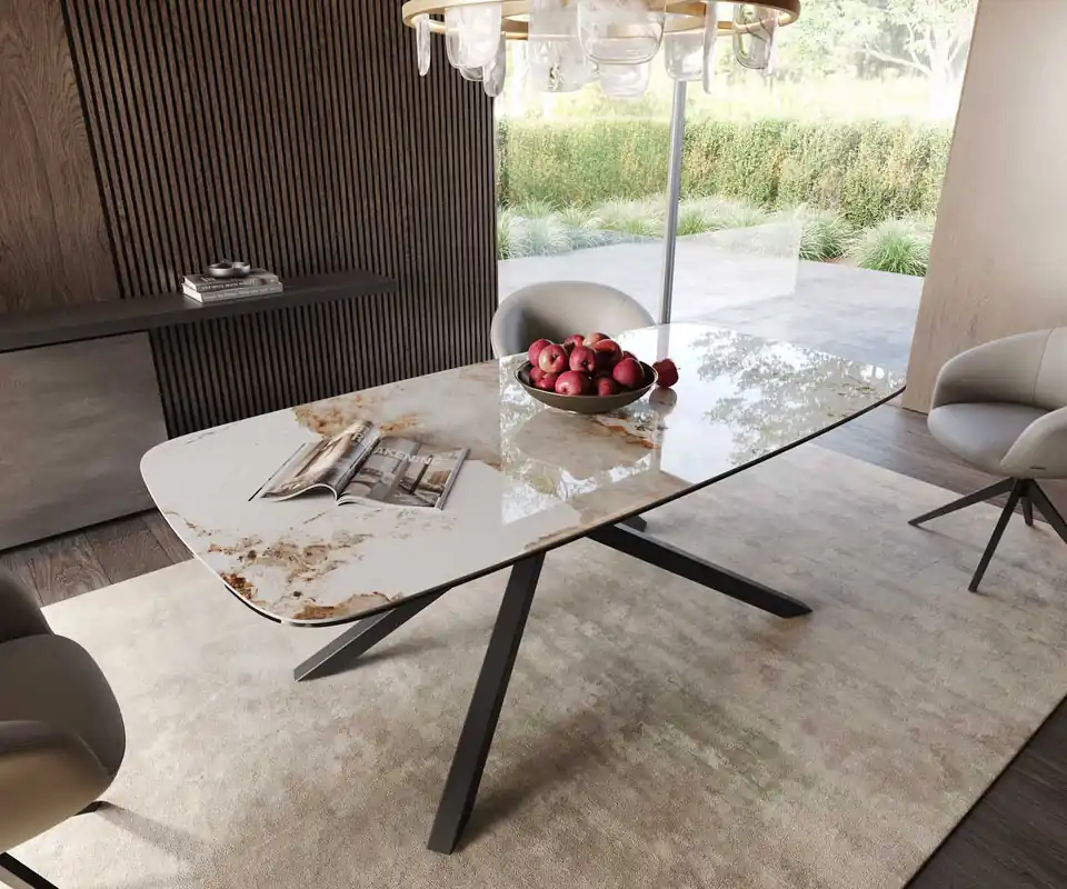 Esstisch Edge Boot 200x100 Keramik Minas Melange Weiß-Beige Kreuzgestell Rechteck Schwarz Sale