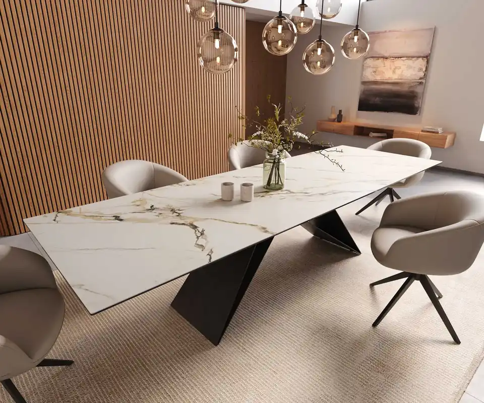 Top-Preis Esstisch Edge 300x100 Keramik Calacatta Luxe Weiß-Gold-Grau V-Gestell Flachstahl Schwarz