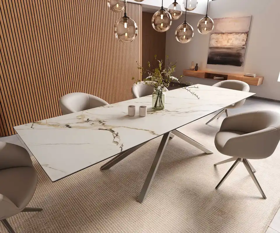 Kracherpreis Esstisch Edge 300x100 Keramik Calacatta Luxe Weiß-Gold-Grau Kreuzgestell Rechteck Edelstahl