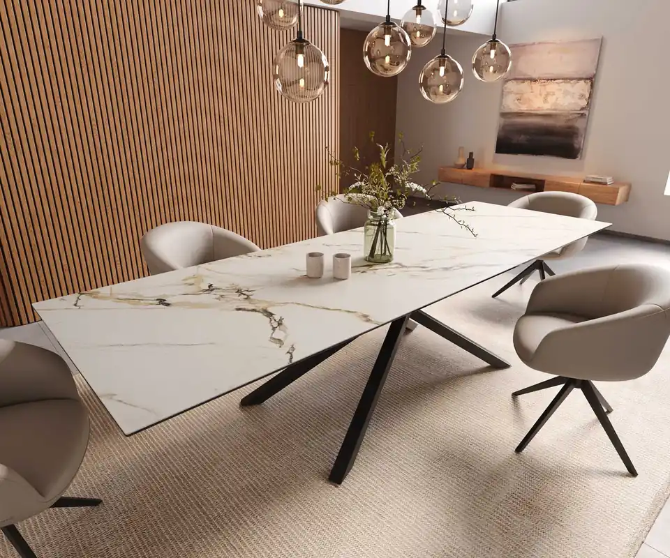 Esstisch Edge 300x100 Keramik Calacatta Luxe Weiß-Gold-Grau Kreuzgestell Rechteck Schwarz Kracherpreis