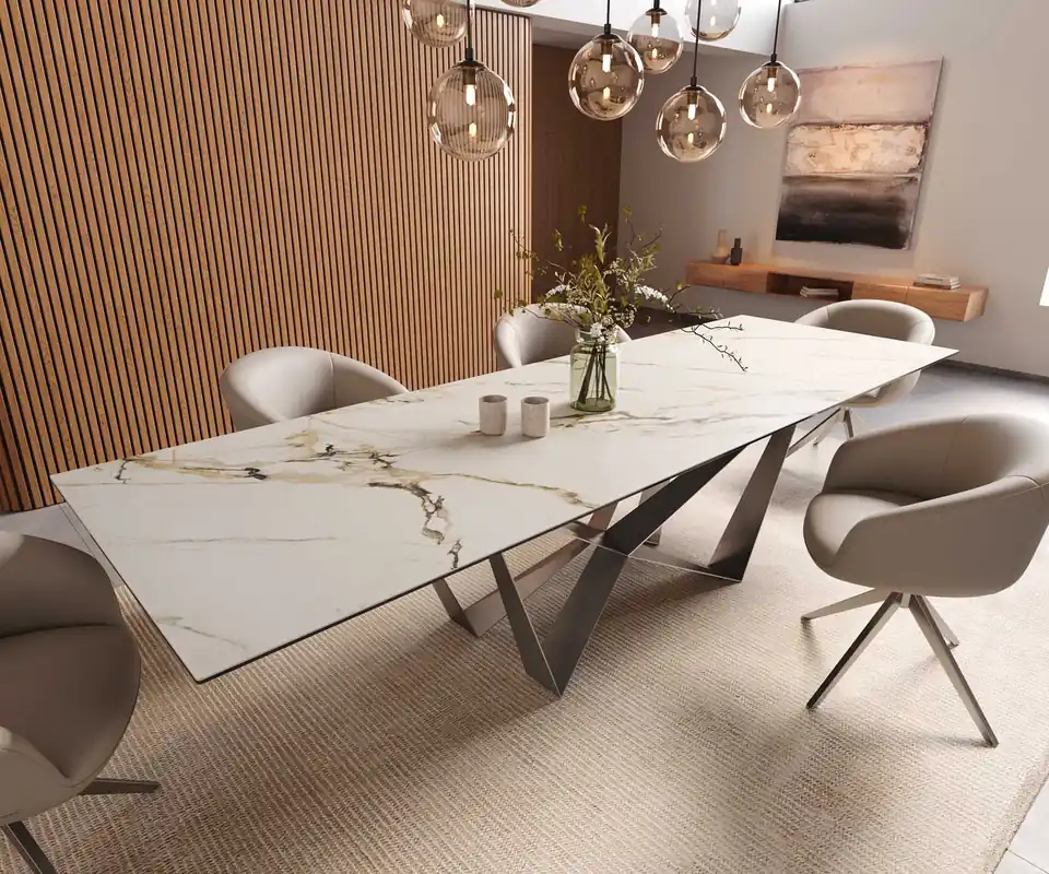 Billig Esstisch Edge 300x100 Keramik Calacatta Luxe Weiß-Gold-Grau Spider Flachstahl Edelstahl