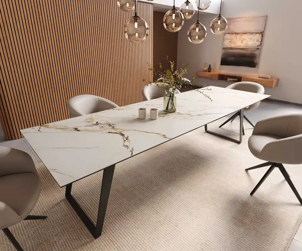 Schneller Versand Esstisch Edge 300x100 Keramik Calacatta Luxe Weiß-Gold-Grau Metall Schräg Schwarz