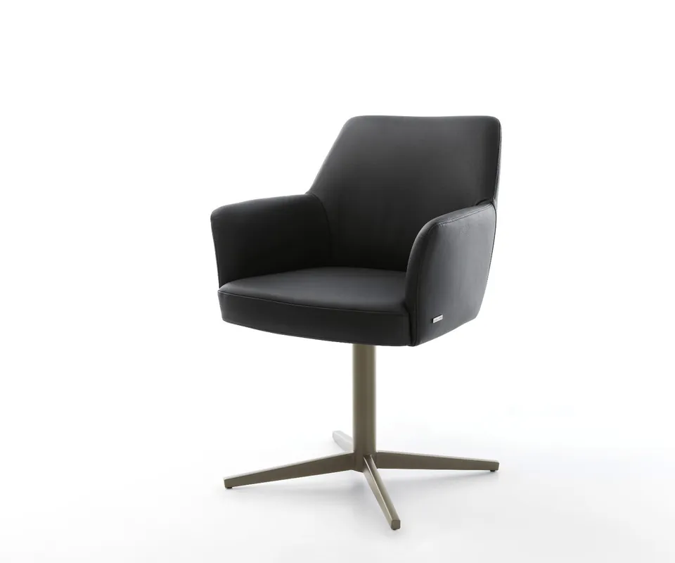 Drehstuhl Xana-Flex mit Armlehnen Echt-Leder Schwarz Fußkreuz Effektfinish Titan 360° drehbar Taschenfederkern Billig