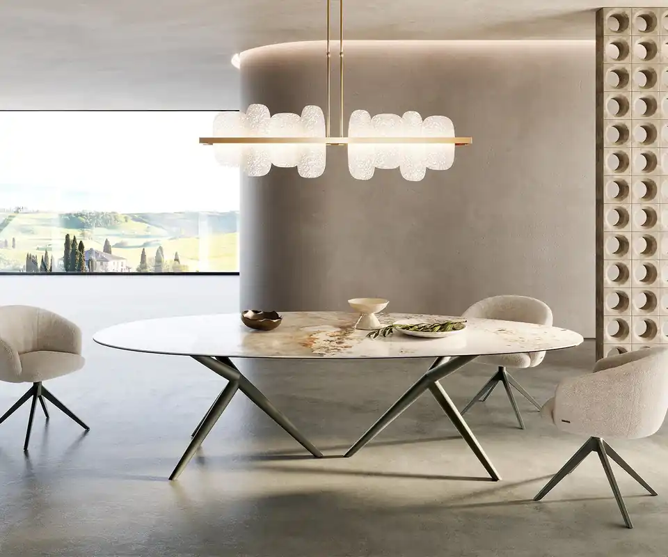 Letzte Chance Esstisch Edge Oval 280x130 Keramik Minas Melange Weiß-Beige Estelar rund Metall Effektfinish Titan