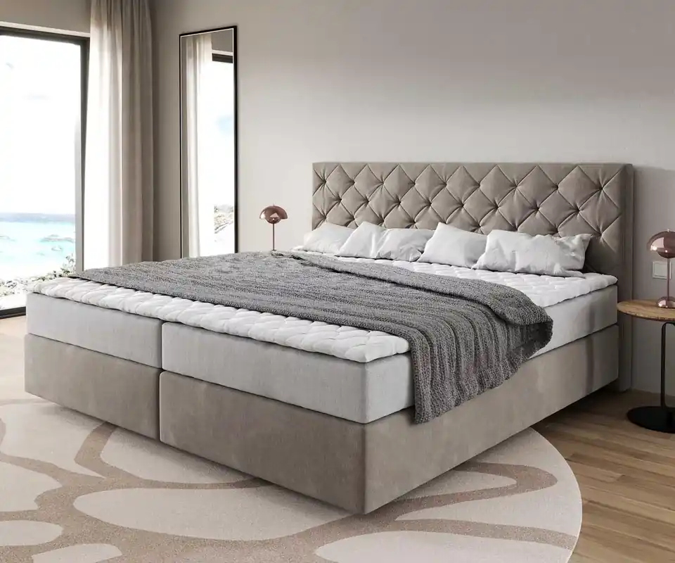 Boxspringbett Dream-Great Mikrofaser Beige 200x200 cm mit Taschenfederkernmatratze und Topper Visco Sale