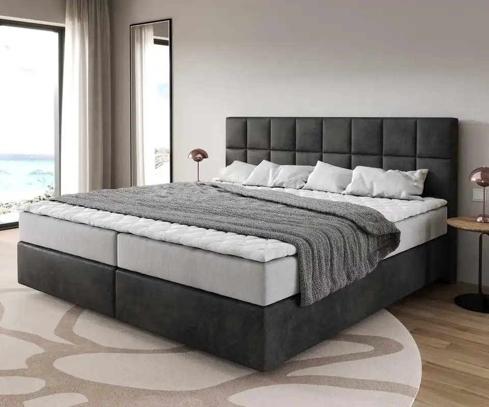 Highlight Boxspringbett Dream-Fine Mikrofaser Anthrazit Vintage 200x200 cm mit Taschenfederkernmatratze und Topper Visco