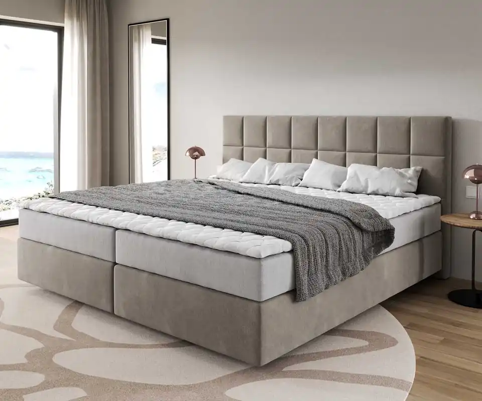Sonderangebot Boxspringbett Dream-Fine Mikrofaser Beige 200x200 cm mit Taschenfederkernmatratze und Topper Visco
