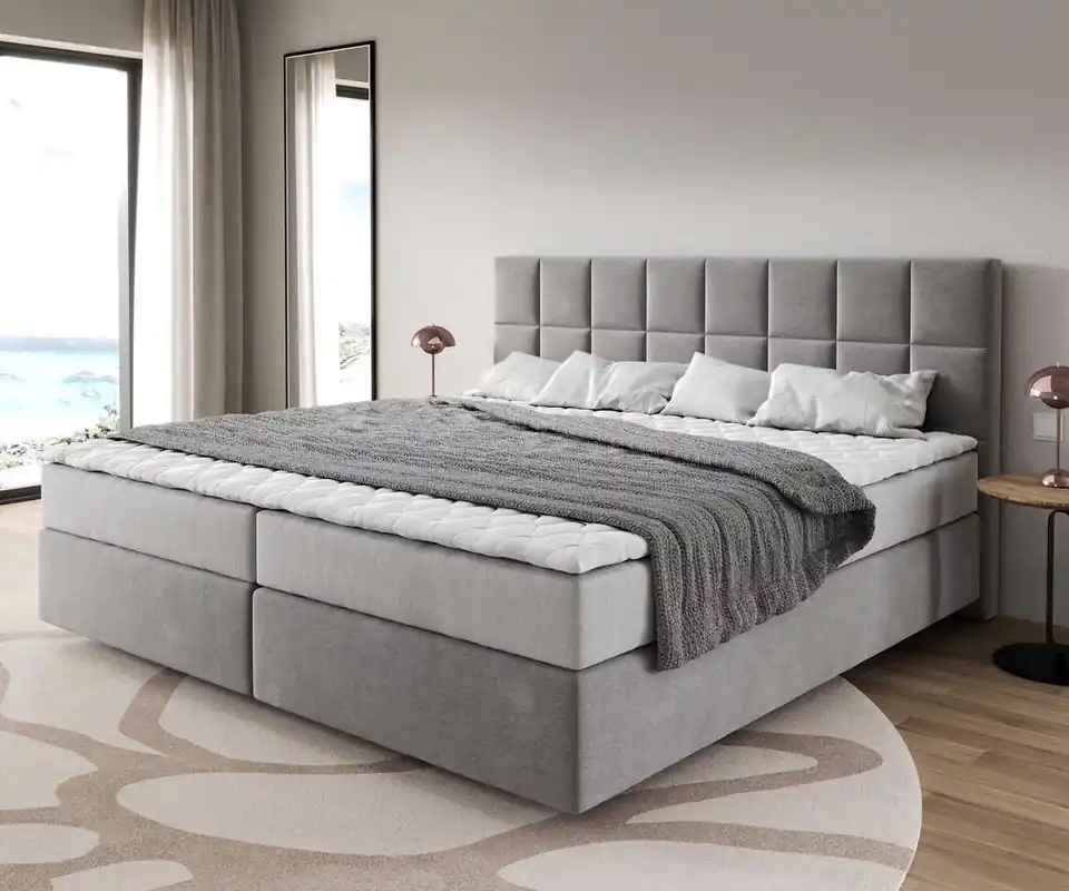 Günstig Boxspringbett Dream-Fine Mikrofaser Grau 200x200 cm mit Taschenfederkernmatratze und Topper Visco