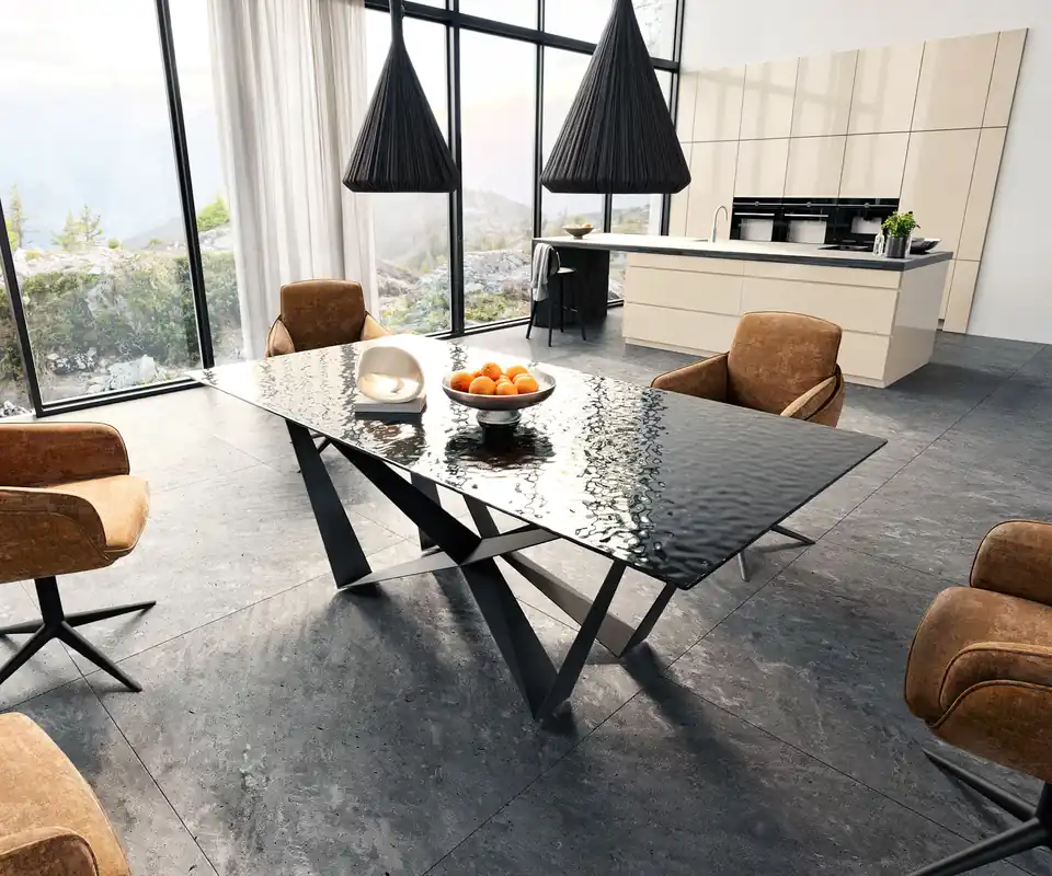 Esstisch Edge 200x100 Reliefglas Rauchschwarz 3D-Design Spider Flachstahl Schwarz Direkt Vom Hersteller