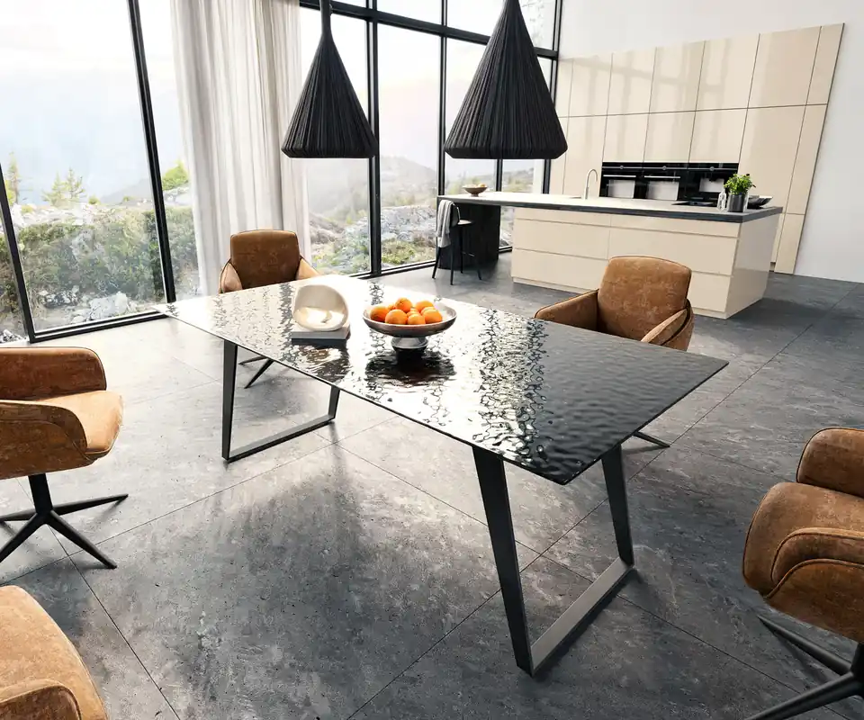 Esstisch Edge 200x100 Reliefglas Rauchschwarz 3D-Design Metall Schräg Schwarz Meistverkauft