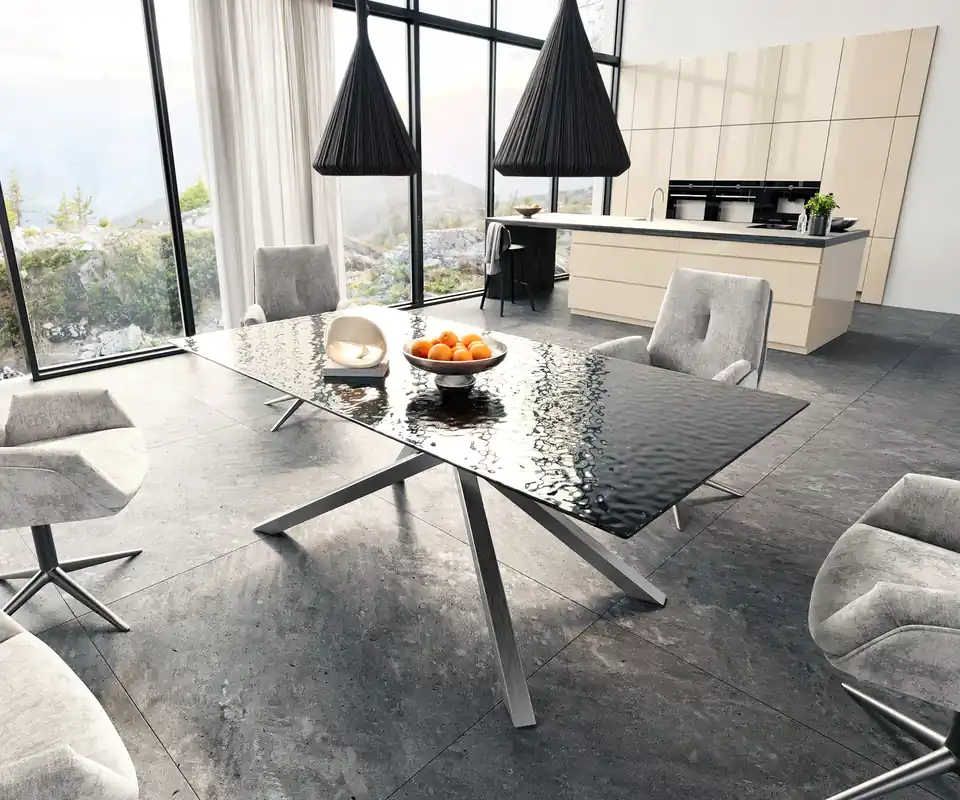 Bestpreis Esstisch Edge 200x100 Reliefglas Rauchschwarz 3D-Design Kreuzgestell Rechteck Edelstahl