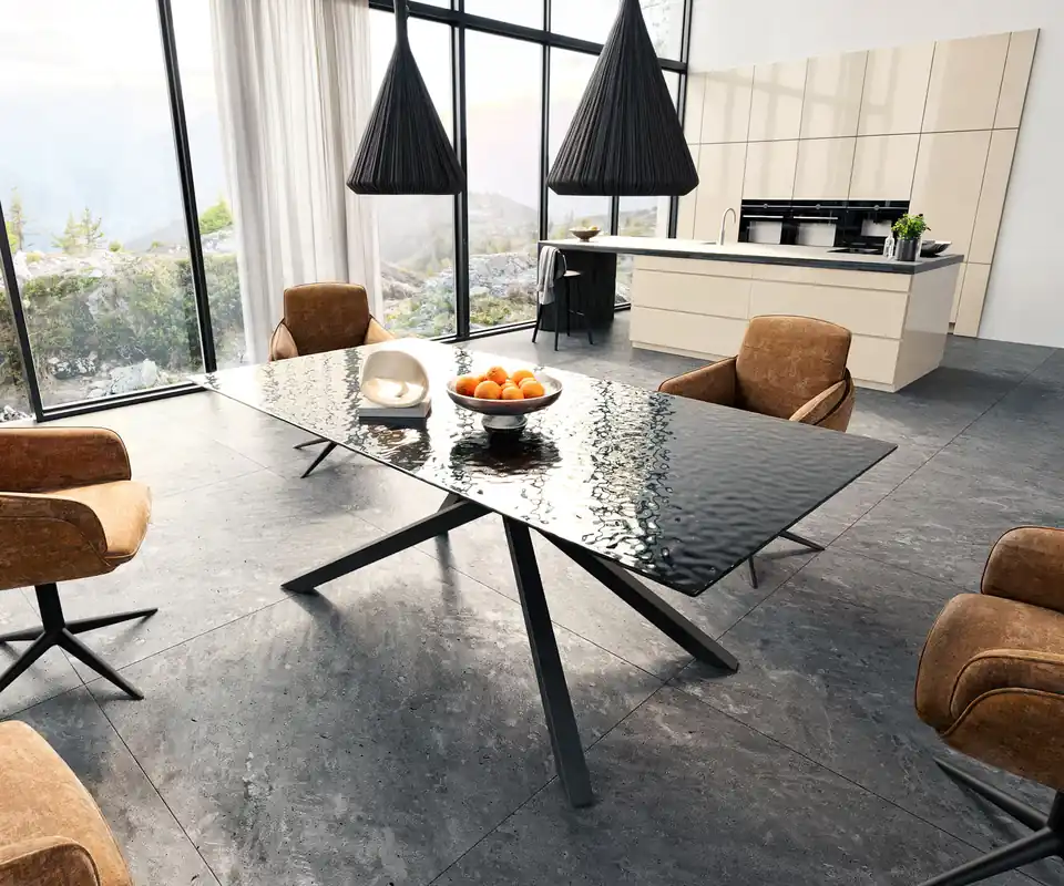 Preis Gesenkt Esstisch Edge 200x100 Reliefglas Rauchschwarz 3D-Design Kreuzgestell Rechteck Schwarz