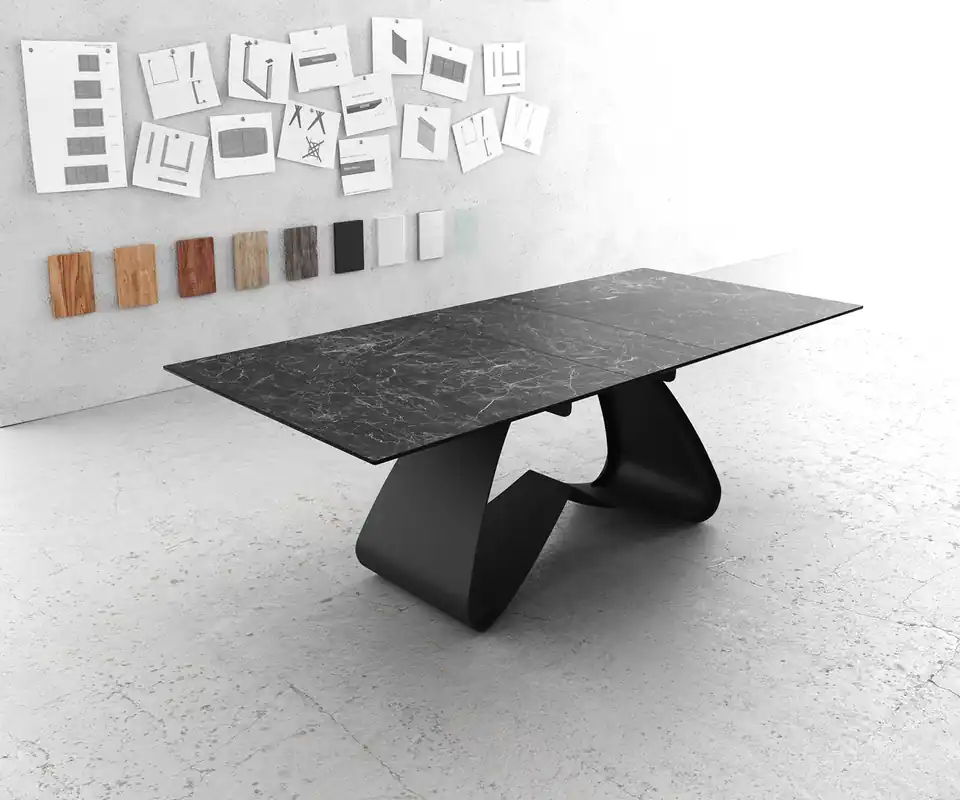 Neue Ware Esstisch Edge 180-220x100 Keramik Laminam®Nero Greco Anthrazit W-Gestell Schwarz ausziehbar