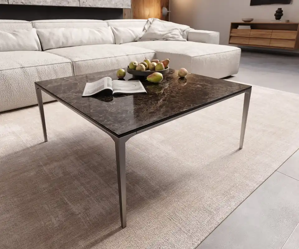 Schneller Versand Couchtisch Levente 85x85 cm Keramik Emperador Extra Lucidato Dunkelbraun Gestell Edelstahl Silber