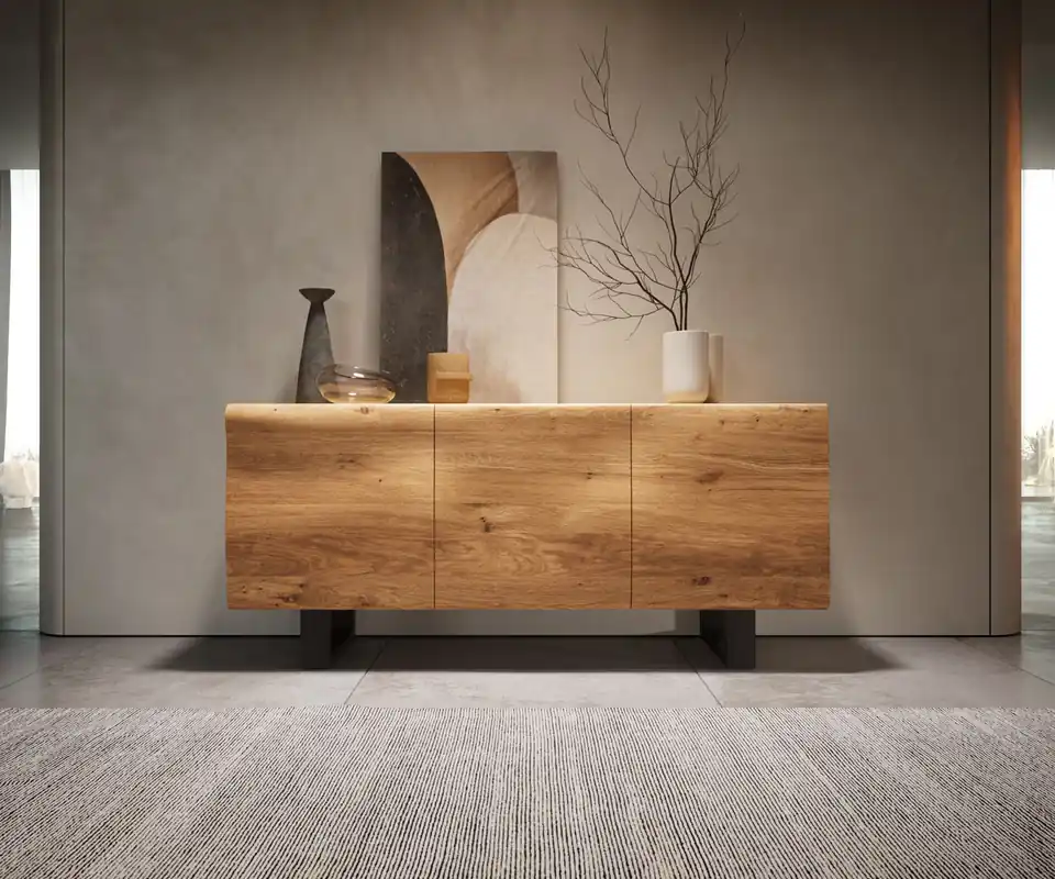 Sideboard New Live-Edge Live-Edge 145 cm Eiche Natur 3 Türen Kufe Metall Schwarz Kracherpreis