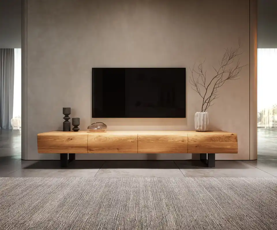 Jetzt Kaufen Lowboard New Live-Edge Live-Edge 200 cm Eiche Natur 4 Türen Kufe Metall Schwarz