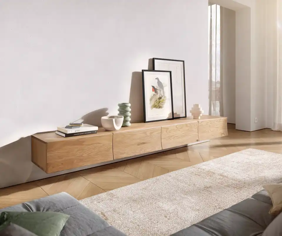 Garantierte Lieferung Lowboard Wyatt 220 cm Eiche Natur 4 Schübe schwebend