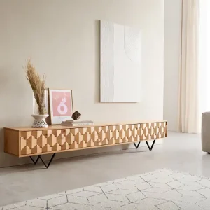 Lowboard Fevo 220 cm Eiche Natur 4 Türen V-Fuß Metall Schwarz Solange Der Vorrat Reicht