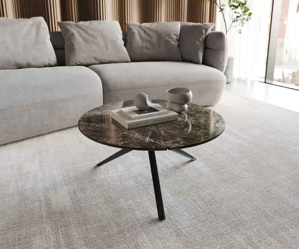 Couchtisch Delron 70x70 cm Keramik Emperador Extra Lucidato Dunkelbraun Kreuzfuß Flach Metall Schwarz Nur Heute