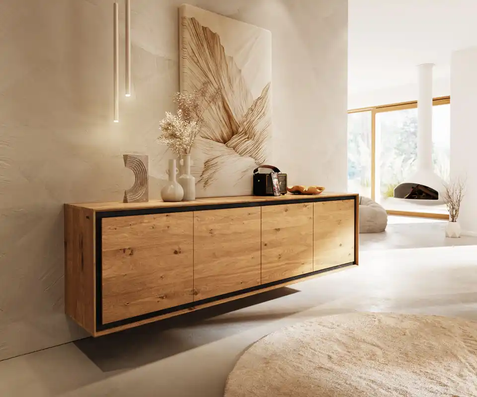Sideboard Stonegrace 200 cm Eiche Natur 4 Türen Steinfurnier Schwebend Direktkauf