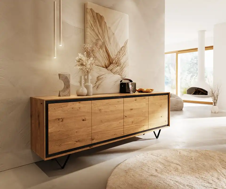 Bestpreis Sideboard Stonegrace 200 cm Eiche Natur 4 Türen Steinfurnier V-Fuß Metall Schwarz