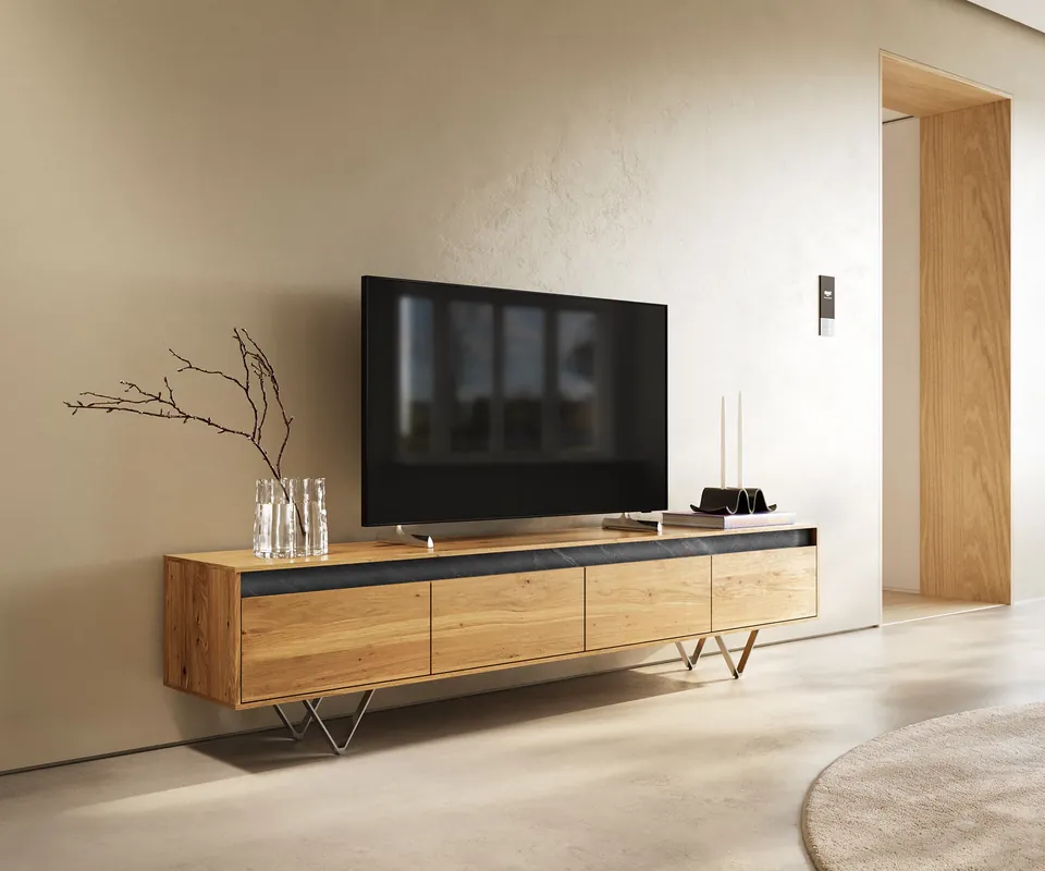 Super-Preis Designer-Lowboard Stonegrace 200 cm Eiche Natur Schiefer 4 Schübe V-Fuß Edelstahl