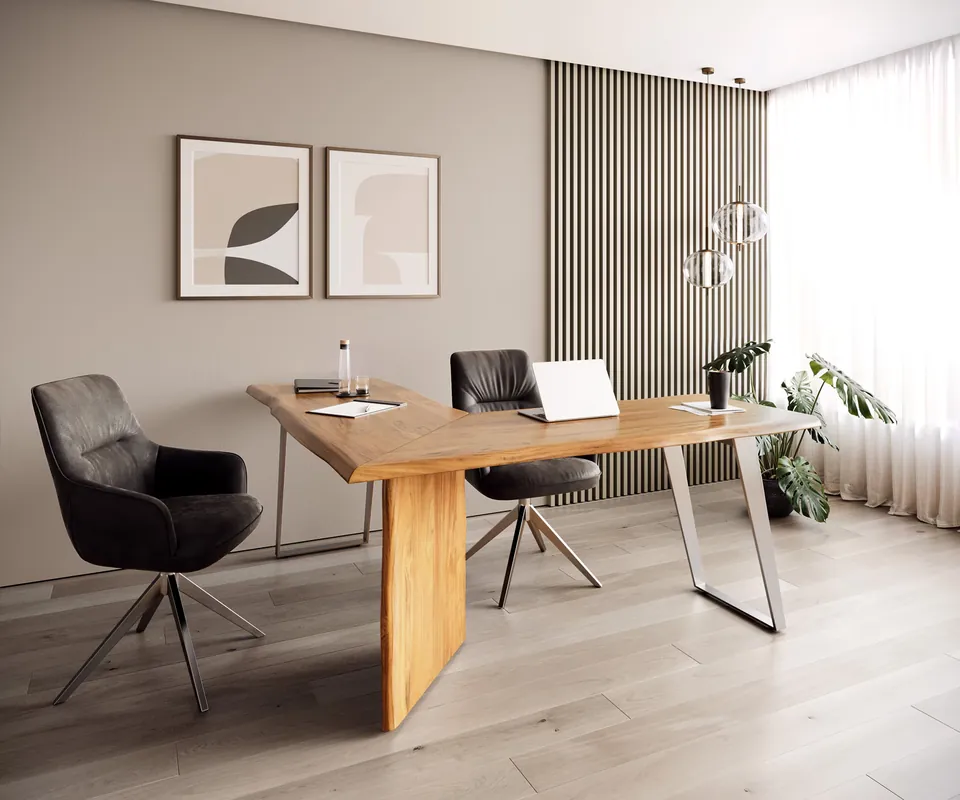 Knallerangebot Schreibtisch Live-Edge 170x170 Akazie Natur Gestell Silber Baumkante
