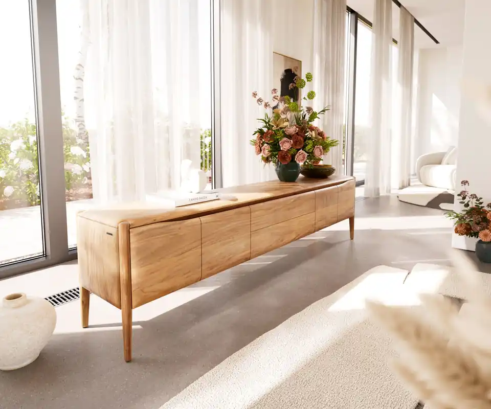 Preis Gesenkt Lowboard Simcha 220 cm Akazie Natur 4 Türen 2 Schubladen