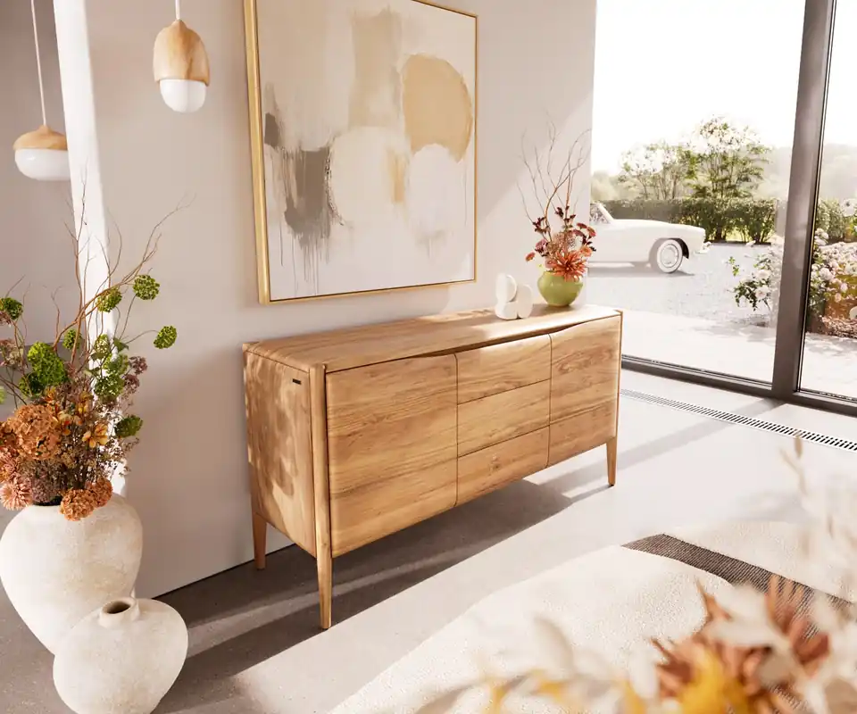 Super-Preis Sideboard Simcha 145 cm Akazie Natur 2 Türen 3 Schubladen