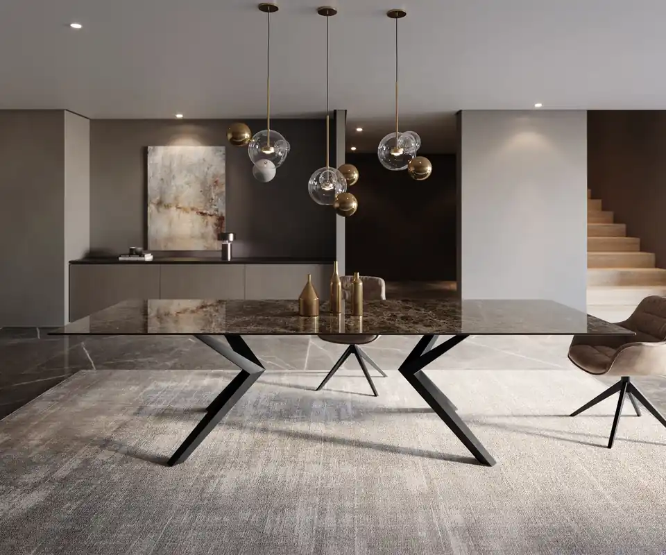 Esstisch Edge 300x100 Keramik Emperador Extra Lucidato Dunkelbraun Zenthara kantig Metall Schwarz Neu