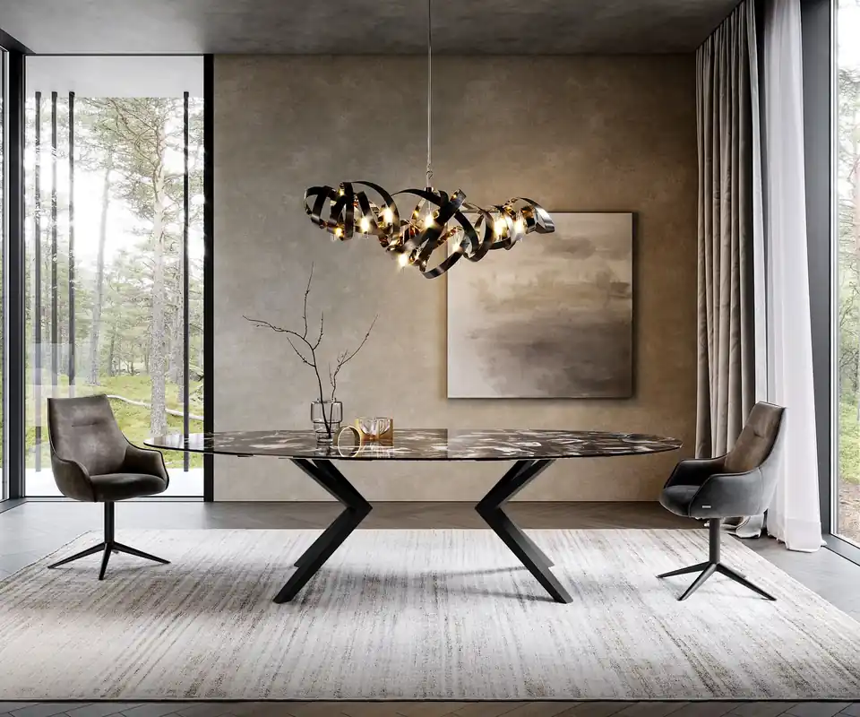 Esstisch Edge Oval 280x130 Keramik Iris FMG Agatablack Zenthara kantig Metall Schwarz Kracherpreis