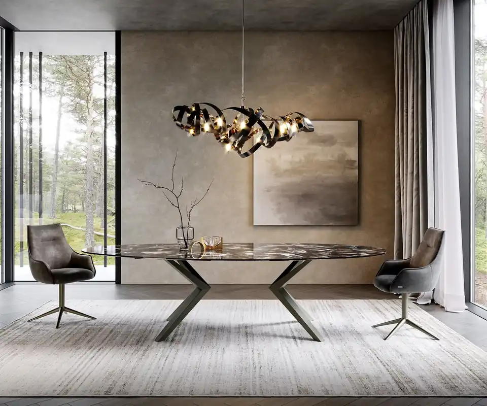 Markenware Esstisch Edge Oval 280x130 Keramik Iris FMG Agatablack Zenthara kantig Metall Effektfinish Titan