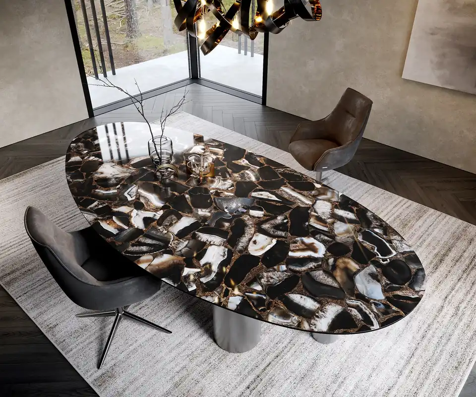 Preisknaller Esstisch Edge Oval 280x130 Keramik Iris FMG Agatablack Pilier Edelstahl Graphit