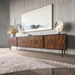 Schneller Versand Lowboard Kallam 200 cm Sheesham Walnuß Mango Schwarz Metall Schwarz 4 Türen