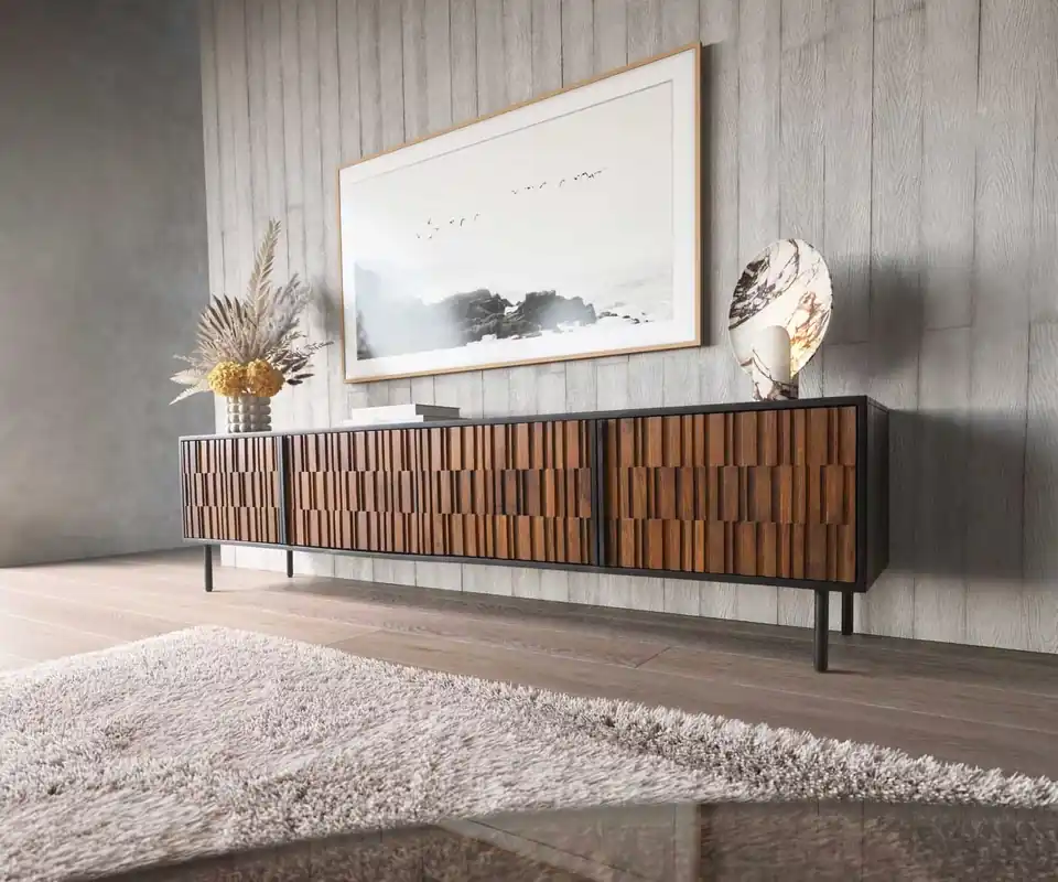 Schneller Versand Lowboard Kallam 200 cm Sheesham Walnuß Mango Schwarz Metall Schwarz 4 Türen