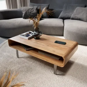 Ausverkauf Couchtisch Anaya 100x50 cm Akazie Natur 1 Fach L-Fuß Edelstahl
