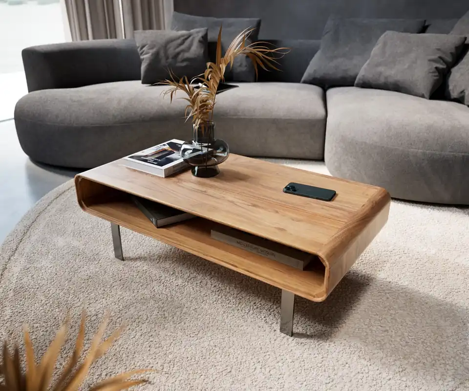 Ausverkauf Couchtisch Anaya 100x50 cm Akazie Natur 1 Fach L-Fuß Edelstahl