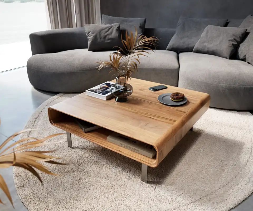Couchtisch Anaya 90x90 cm Akazie Natur 1 Fach L-Fuß Edelstahl Zertifiziert