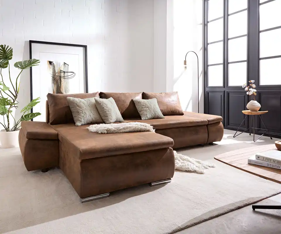 Meistverkauft Ecksofa Abilene 260x175 cm Braun Ottomane variabel mit Schlaffunktion
