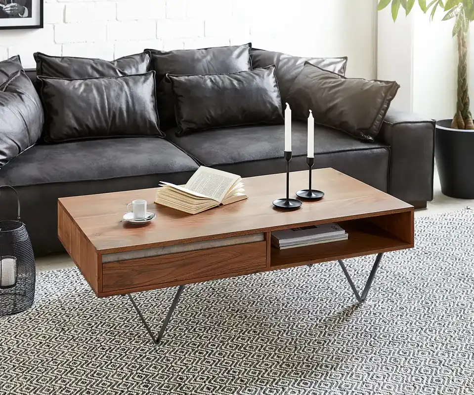 Couchtisch Stonegrace 115x60 cm Akazie Braun Schiefer 2 Schubladen 1 Fach V-Fuß Schwarz Neue Ware