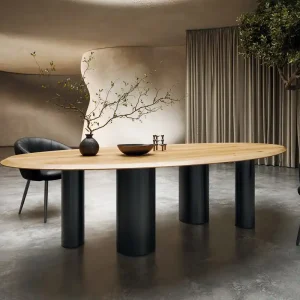 Esstisch Edge Oval 280x130x2,5 Eiche Natur Pilier Metall Schwarz Flow- Geprüft